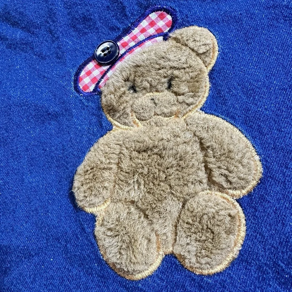 Hearts & Flowers Girls Size 4 Denim Jumper Dress Teddy Bear Gingham Vintage - Picture 4 of 8